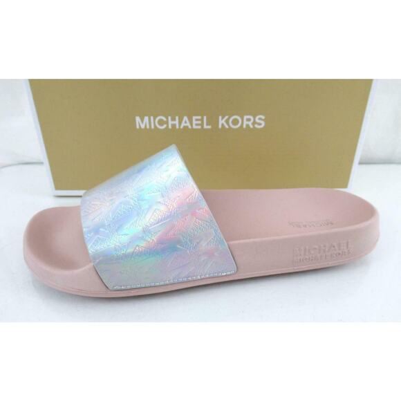 Michael Kors Gilmore Slide Sandals MK Debossed Metallic Silver Multi Size 9 - Picture 2 of 9